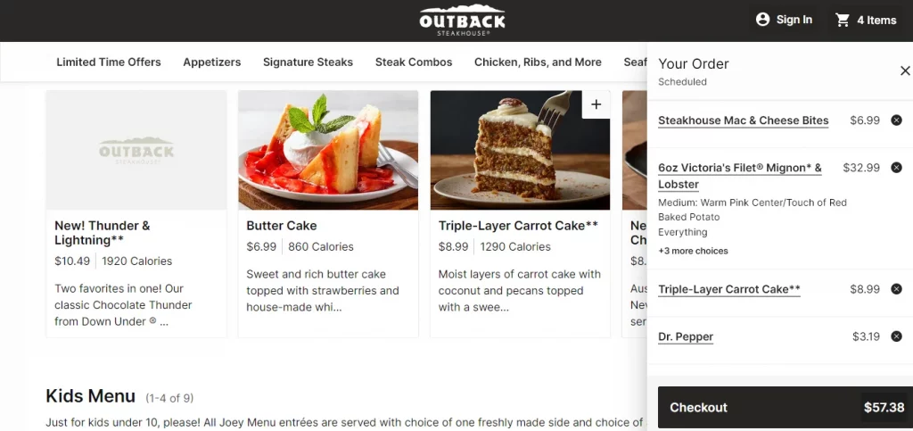 Outback Steakhouse Dinner Menu