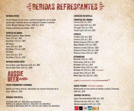 Precios del menú de Outback Steakhouse (México)